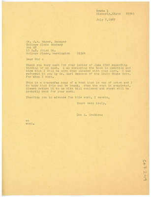 Letter from Don Crabtree to J.A. Mayer