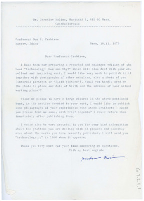 Letter from Jaroslav Malina to Don Crabtree