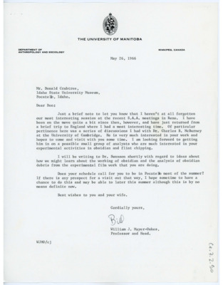 Letter from William J. "Bill" Mayer-Oakes to Don Crabtree