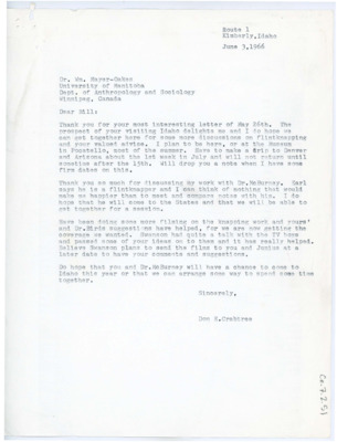 Letter from Don Crabtree to William J. "Bill" Mayer-Oakes