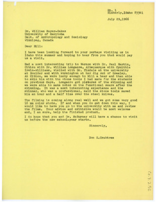 Letter from Don Crabtree to William J. "Bill" Mayer-Oakes