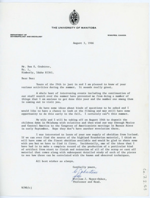 Letter from William J. "Bill" Mayer-Oakes to Don Crabtree