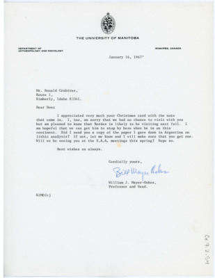 Letter from William J. "Bill" Mayer-Oakes to Don Crabtree