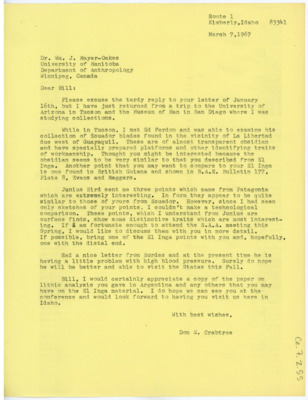 Letter from Don Crabtree to William J. "Bill" Mayer-Oakes