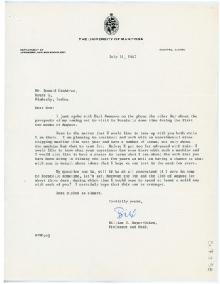 Letter from William J. "Bill" Mayer-Oakes to Don Crabtree