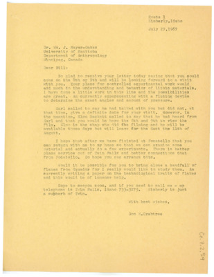 Letter from Don Crabtree to William J. "Bill" Mayer-Oakes