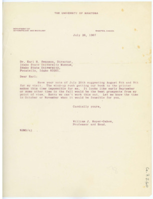 Letter from William J. "Bill" Mayer-Oakes to Earl Swanson