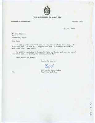 Letter from William J. "Bill" Mayer-Oakes to Don Crabtree