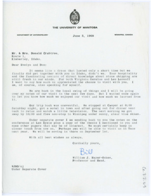 Letter from William J. "Bill" Mayer-Oakes to Don and Evelyn Crabtree