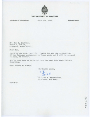 Letter from William J. "Bill" Mayer-Oakes to Don Crabtree