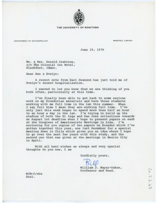 Letter from William J. "Bill" Mayer-Oakes to Don and Evelyn Crabtree