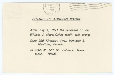 Change of address notice from William J. "Bill" Mayer-Oakes to Don Crabtree