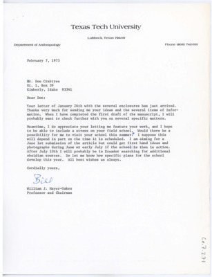 Letter from William J. "Bill" Mayer-Oakes to Don Crabtree