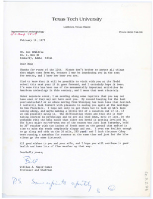 Letter from William J. "Bill" Mayer-Oakes to Don Crabtree