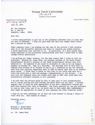 Letter from William J. "Bill" Mayer-Oakes to Don Crabtree