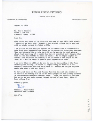 Letter from William J. "Bill" Mayer-Oakes to Don Crabtree
