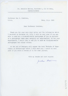 Letter from Jaroslav Malina to Don Crabtree