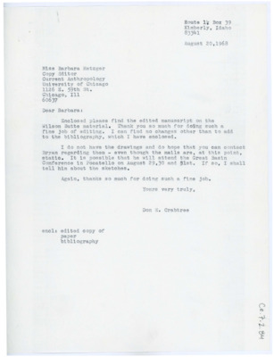 Letter from Don Crabtree to Barbara Metzger