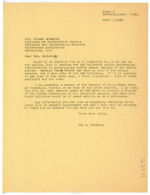 Letter from Don Crabtree to Eileen McCarthy