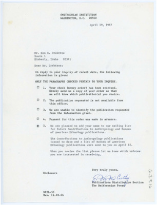 Letter from Eileen McCarthy to Don Crabtree