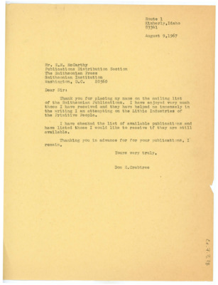 Letter from Don Crabtree to Eileen McCarthy