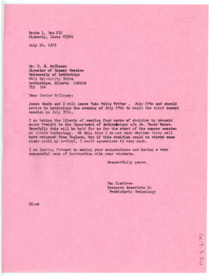 Letter from Don Crabtree to C.H. McCleary