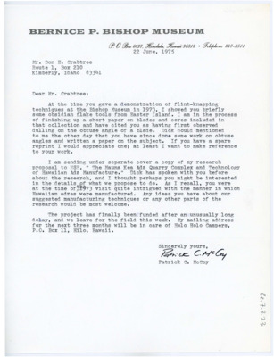 Letter from Patrick C. McCoy to Don Crabtree asking him for a reprint of his article on obtuse angles, offering a copy of his own research proposal in return.