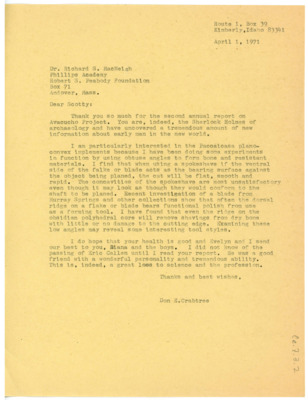 Letter from Don Crabtree to Richard "Scotty" S. MacNeish