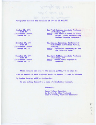 Letter from Barry Parker to all Sigma Xi members