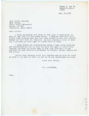 Letter from Don Crabtree to Sylvia McLaren
