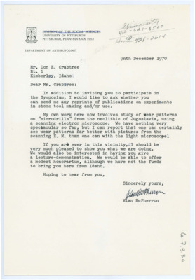 Letter from Alan McPherron to Don Crabtree