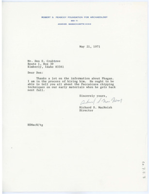 Letter from Richard S. MacNeish to Don Crabtree