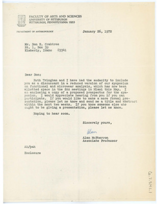Letter from Alan McPherron to Don Crabtree
