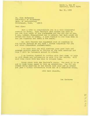 Letter from Don Crabtree to Alan McPherron
