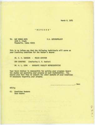 University memo to Guy R. Moto informing him of the individuals on his Examining Committee, including his Major Advisor Earl H. Swanson, his Graduate Faculty Representative W.L. King, and Don Crabtree.