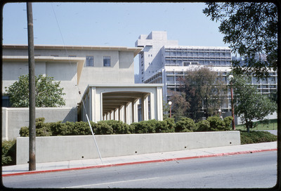 A photographic slide of a building with geometric architecture.