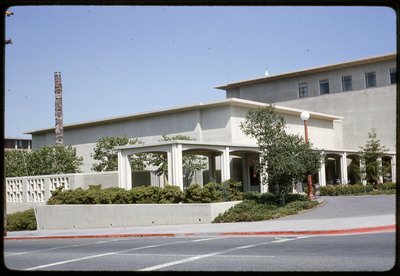 A photographic slide of a building with geometric architecture.