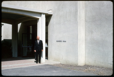 A photographic slide of Don E. Crabtree standing in front of Kroeber Hall.
