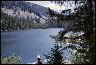 A photographic slide of Don E. Crabtree standing behind a tree in front of a body of water.