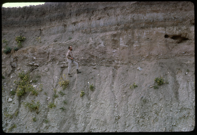 A photographic slide of a man standing on a steep slope, observing strata layers.