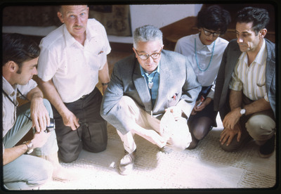 A photographic slide of five people gathered over an artifact that is obscured by bright sunlight.