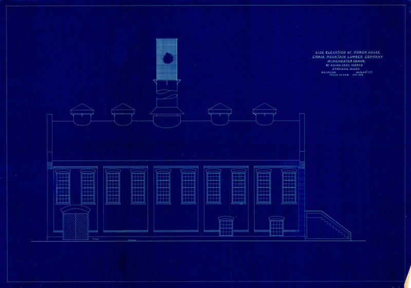 Blueprint of the side elevation of power house for the Craig Mountain Lumber Company in Winchester, Idaho by Union Iron Works, Spokane Washington.