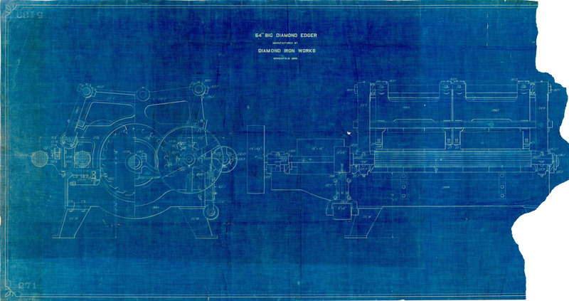 Blueprint of a 54" big diamond edger manufactured by Diamond Iron Works, Minneapolis, Minnesota. The right side of the document is torn.