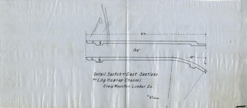 Detail sketch of cast sections for log haul-up channel for the Craig Mountain Lumber Company, designed by A.P. Evans.