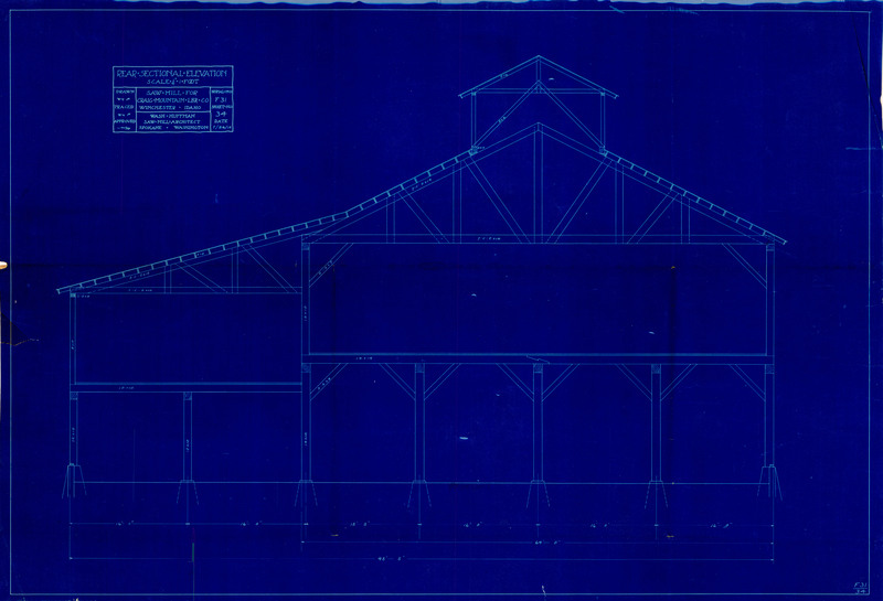 Blueprint for rear sectional elevation. Created for the Saw Mill for Craig Mountain Lumber Company, Winchester, Idaho. 