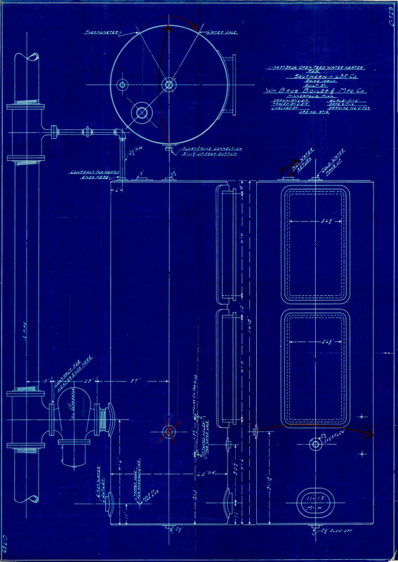 Blueprint for 1-No. 37-BROS open feedwater heater for Southern Lumber Company, Boise, Idaho. Built by Wm Bros. Boiler and Mfg Co. [manufacturing company] Minneapolis, Minn.