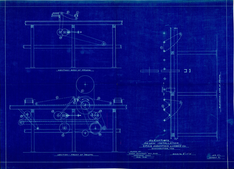 Elevations resaw installation blueprint for the Craig Mountain Lumber Company, Winchester, Idaho by Wash. Huffman.