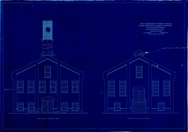 End elevations of the boiler and engine room blueprint for the Craig Mountain Lumber Company, Winchester, Idaho.