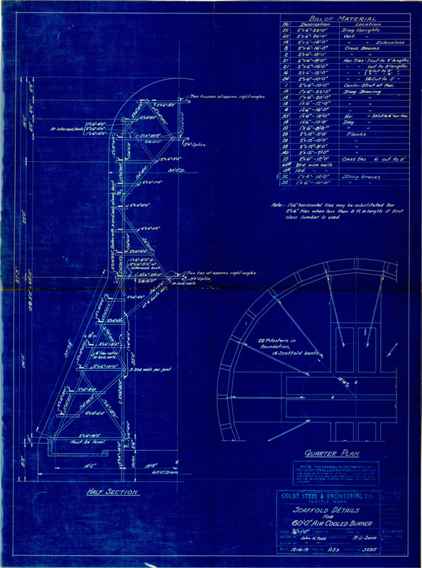 Scaffold details for 60'-0" Air Cooler Burner blueprint by Colby Steel and Engineering Company, Seattle, Washington.