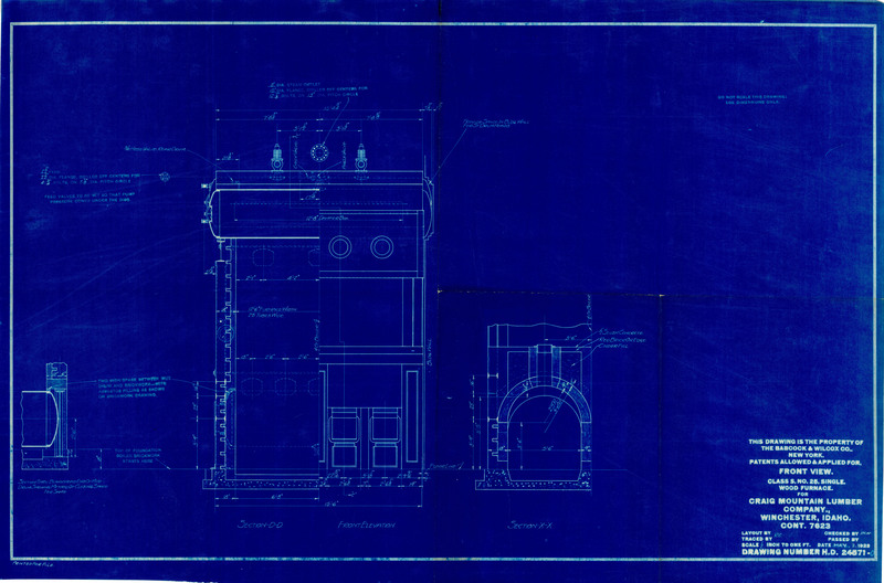Class S, No. 25. Single. Wood furnace blueprint for Craig Mountain Lumber Company. Winchester, Idaho.